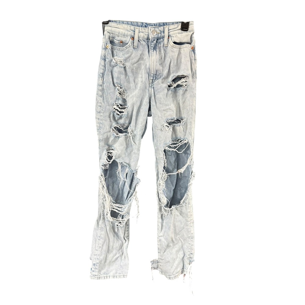 HM Denim Ultra‎ High Waist Mom Jeans Light Wash Distressed Ripped Blue Size 2